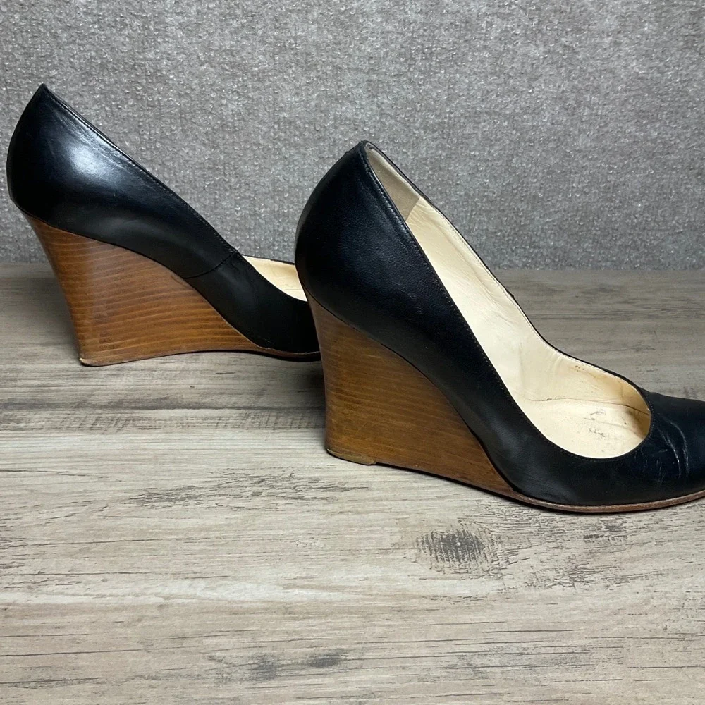 Christian Louboutin Black Leather Round Toe Wood Wedge Heel Pumps Red Sole 38